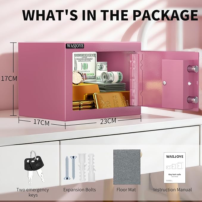 Small Safe with Key for Money, 0.25 Cu Ft Key Lock Box (Pink) | Small Safe Box Coffre Fort for Cash Jewelry Medicine Passport, Steel High Security Safety Box - Image 4