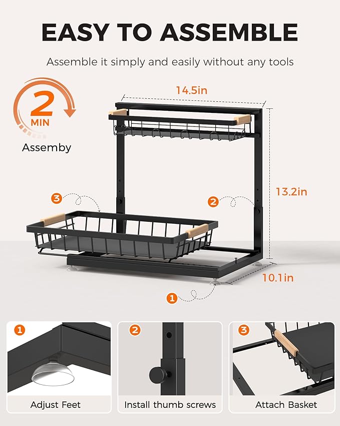 3-Pack 2-Tier Height Adjustable Under Sink Organizer, Black | Multi-purpose metal storage shelf with sliding shelves for kitchen, bathroom, pantry & laundry cabinet - Image 9