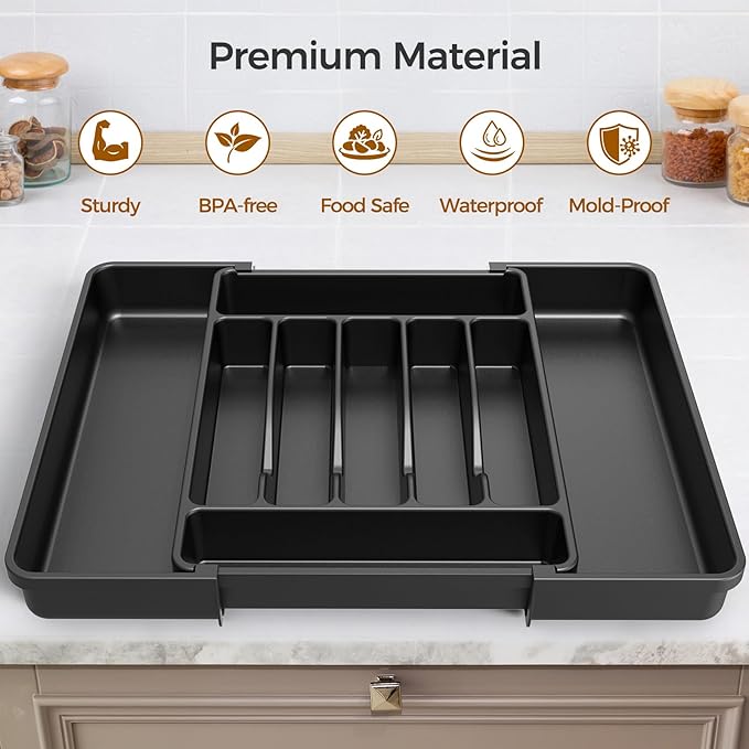 ukeetap Extra Large Expandable Silverware Organizer, Flatware Tray, Black | BPA-Free Food-Safe Kitchen Utensil Cutlery Drawer Organizer, Adjustable Silverware Holder for Spoons Forks Knives - Image 4