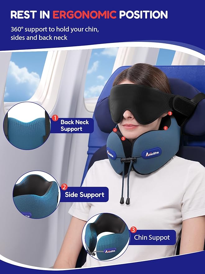 Travel Neck Pillow for Airplane,Memory Foam,3D Eye Mask | 360 Ergonomic Pillow Head Neck Chin Sleep Support Essentials for Traveling/Long-haul Light/Car/Train/Office/Home Beige - Image 3
