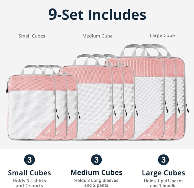 9 Set Compression Packing Cubes for Travel - Compressible, Lightweight, and Space-Saving Packing Cubes, Travel Essentials for Women, Pink - Image 3