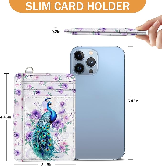 Yonlevres Peacock Credit Card Holder Slim RFID Wallet Women Small Travel | Front Pocket, Handy, RFID Blocking, Woman Girls Ladies Gifts, D-ring for Keychain,Thin Mini Card Case, ID Window, PU Leather - Image 6