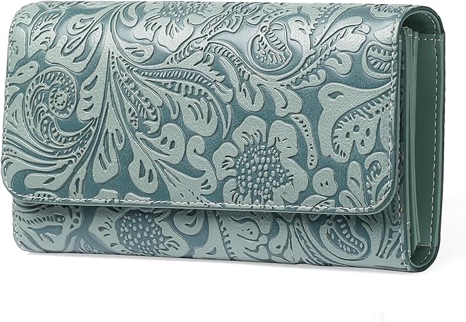 GOIACII Leather Wallets for Women RFID Blocking Western Clutch Blue | Embossed Design, Trifold, Large Billfolds, Vintage Flower, Ladies Purses with Zipper Coin Pocket by GOIACII