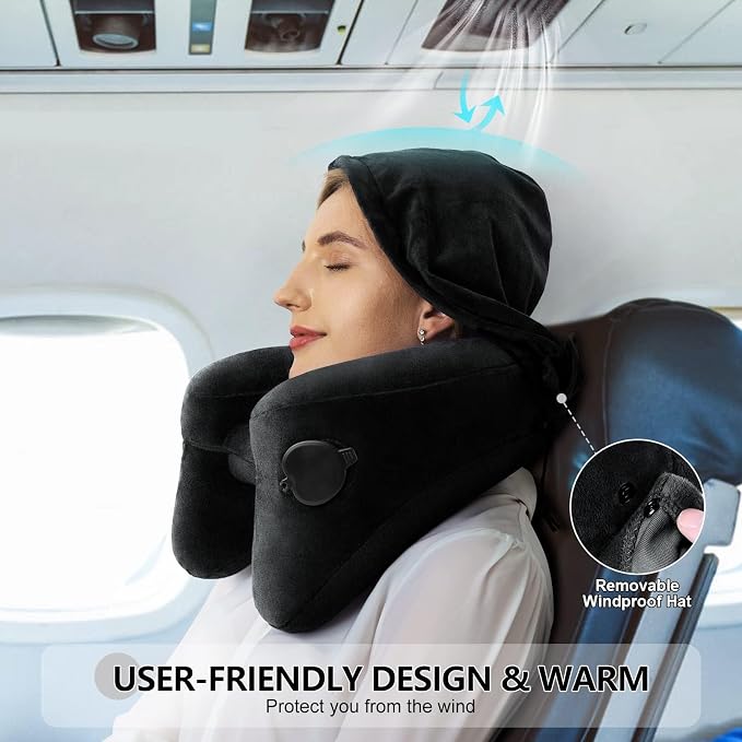 Sunany Neck Pillow for Travel Inflatable Airplane Pillow Comfortably Supports Head,Neck and Chin,Inflatable Travel Pillow with Soft Velour Cover,Portable Drawstring Bag (Black with Hat) - Image 4