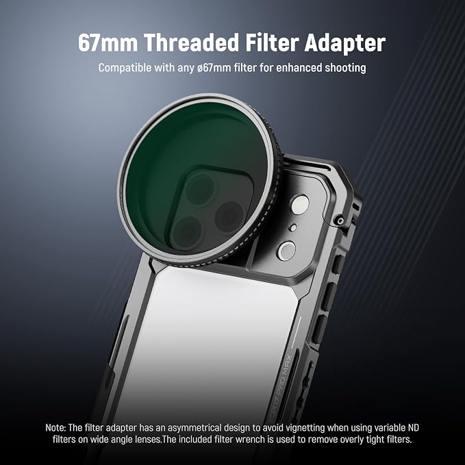 NEEWER Phone Cage Compatible with iPhone 17 Pro Max, Quick Release Video Rig Stabilizer Accessories with 67mm Filter Ring, 17mm Lens Backplate, T Mount Adapter, 4X Camera Control Cap, PA144 (Black) - Image 4