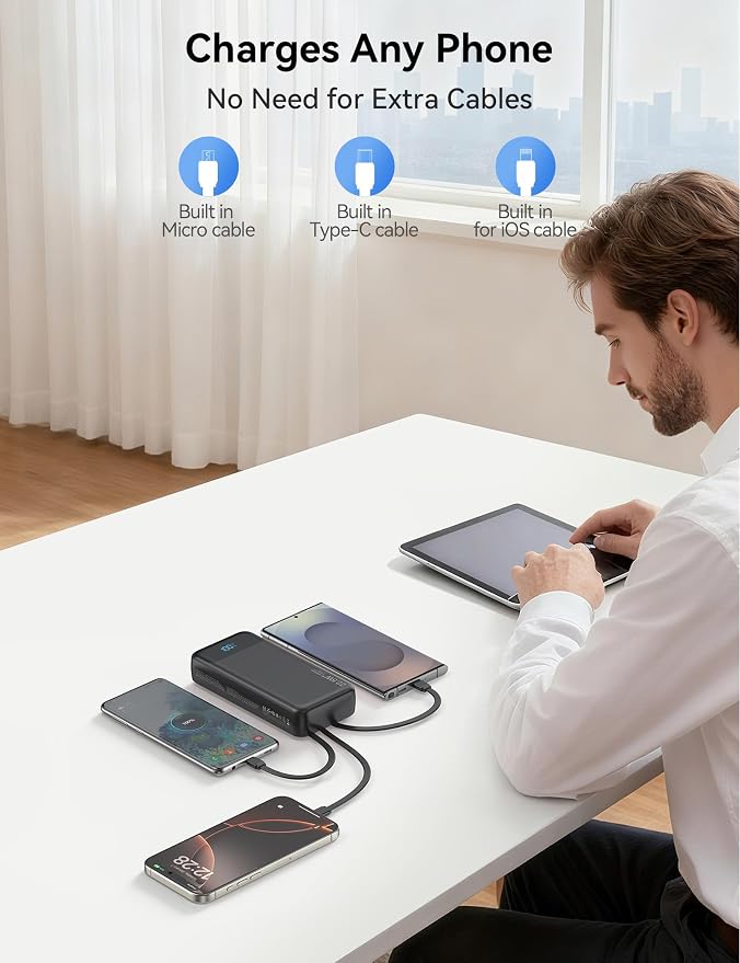 Nusyddy Portable Charger 20000mAh 22.5W w/4 Built-in Cables/6 Outputs Black | 22.5W Fast Charging, LED Display, Pass Through Charging, Charge 6 Devices at once, TSA Approved, Fits iPhone, iPad, Samsung - Image 7