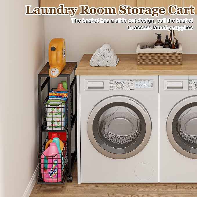 Hongtamoya 3 Tier Laundry Room Cart with Pull-Out Baskets, Utility Slim Storage Cart with Wheels Small Rolling Cart with Wood Top Metal Narrow Bathroom Laundry Room Organization Trolley, Black - Image 5