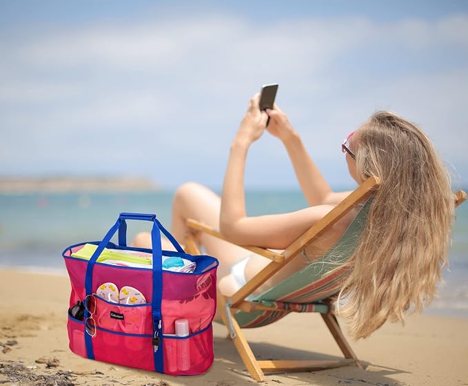 KABAQOO Mesh Beach Bag, Extra Large Beach Bags with 9 Pockets & Zipper Waterproof Lightweight Beach Tote for Beach/Pool Trip - Image 2