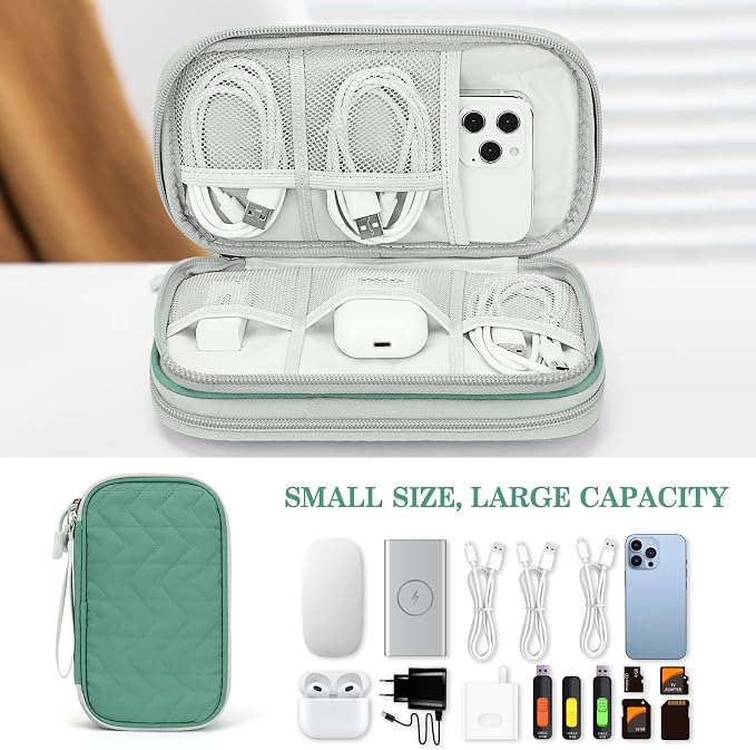FYY Electronic Organizer, Travel Tech Pouch Bag, Medium, Green Quilted | Wrist Strap, Waterproof, Double Layers Portable Electronics Travel Carrying Case for Cord, Charger, Daily Business Trips Use - Image 6