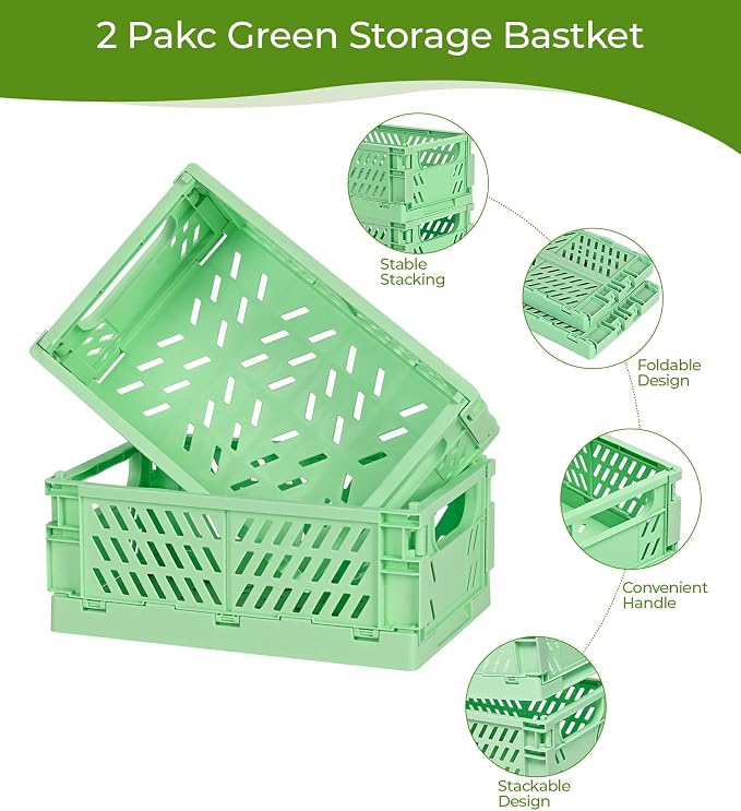 HUUSMOT 2-Pack Collapsible Plastic Storage Baskets, Green, 9.8"x6.5"x3.8" | Pastel, Space-Saving, Collapsible Plastic Bins, Cute Mini Storage Crates, for Classroom, Kitchen, Office, Bedroom - Image 2
