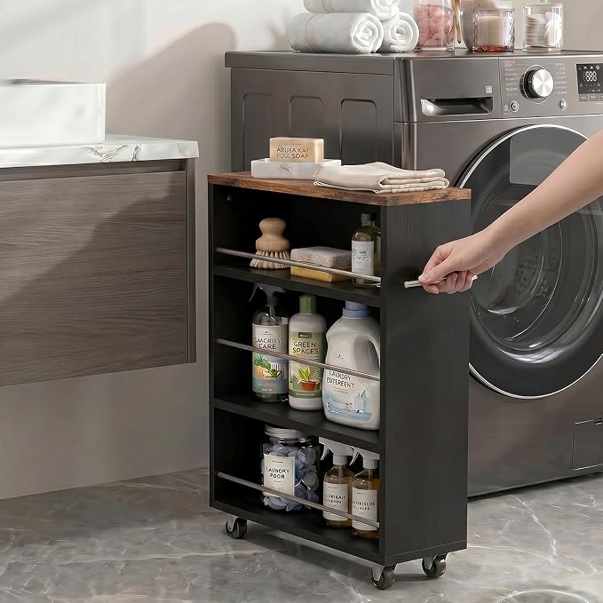 4-Tier Slim Rolling Cart with Wheels, 7.9"W Narrow Storage, Black & Brown | 4 adjustable MDF shelves (20 lbs each), 360° casters + side handle, Fits kitchen, laundry, bathroom & dorm tight gaps - Image 5
