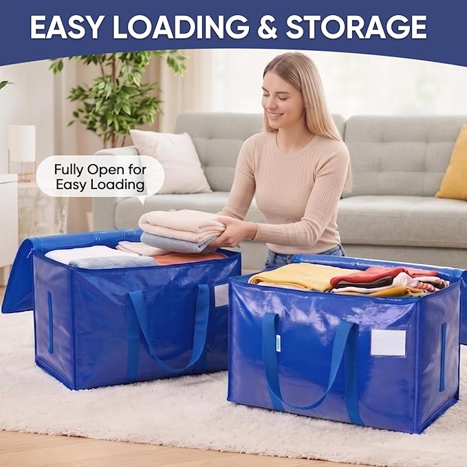 TICONN 2 Pack Extra Large Moving Bags Heavy Duty with Zippers & Carrying Handles, Durable Storage Bags Moving Boxes for Closet Organizers and Storage (2 Pack, Blue) - Image 3