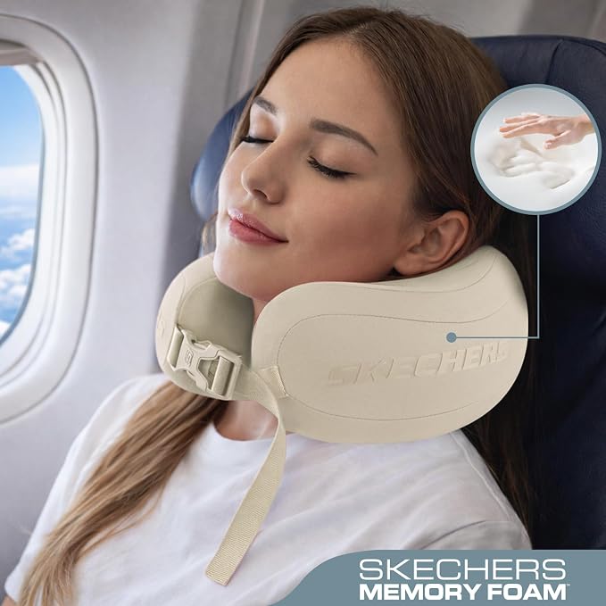Skechers Neck Pillow for Traveling,Memory Foam Travel Neck Pillow for Airplane Travel Pillow for Flight Headrest Sleep, Portable Plane Accessories,Beige - Image 2