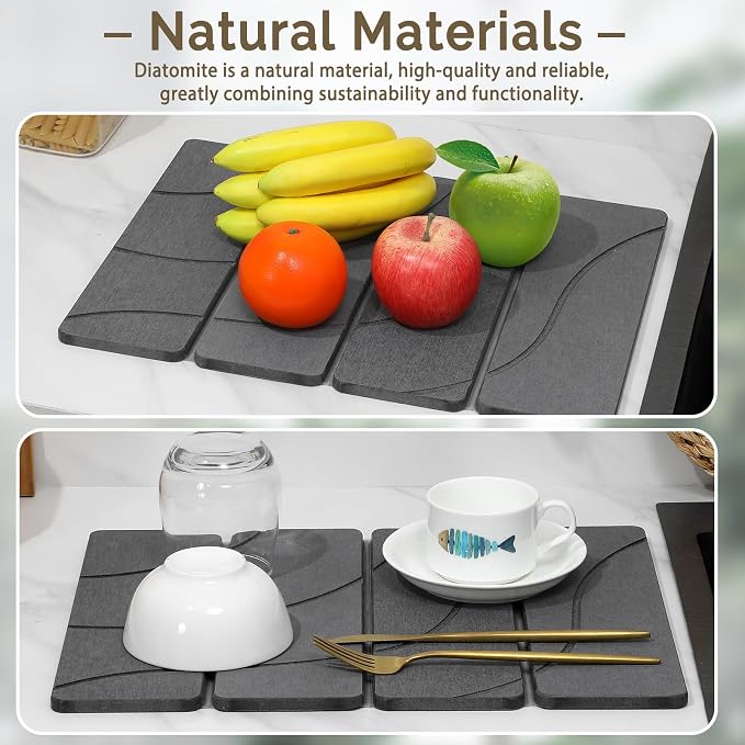 Small Stone Dish Drying Mat for Kitchen Counter, 2 PCS 16"×12" & 8"x4" Quick Dry Stone Mats, Foldable Water Absorbing Diatomite Drying Dish Pad for Countertop Bottles Utensils Cups(Carved Gray) - Image 8