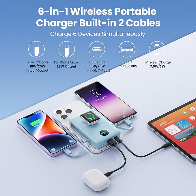 Magnetic Portable Charger 10800mAh with Built-in Cables,Wireless Power Bank,25W PD Fast Charging USB-C Travel Essentials Battery Pack for iPhone 17/16/15/14/13/12 Series,Apple Watch-Light Blue - Image 7