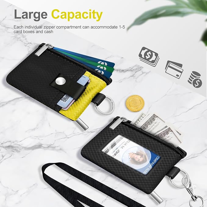 Minimalist RFID Blocking Small Wallet with ID Window,WaterResistant Zip Id Case Wallet with Lanyard Keychain for Cards,Cash,Travel,Women,Men (Black/Lemon Yellow) - Image 7