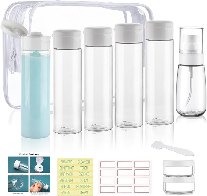 Travel Bottles for Toiletries 9 PCS 3.4oz Wide Mouth Clear Bottles | Wide Mouth, TSA Approved, Leak Proof, 0.35oz Cream Jars, 2oz Spray Bottle, for Shampoo, with lable, and a Toiletry Bag by wowang