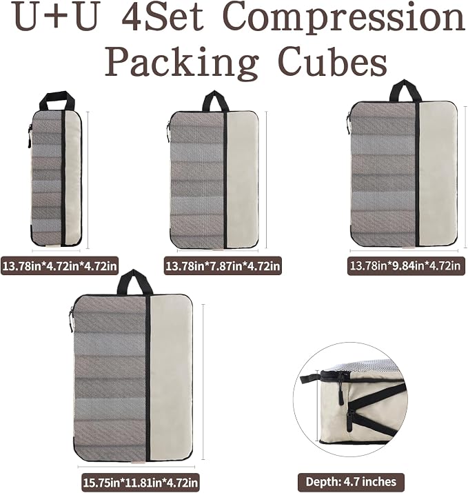 U+U 4 Set Compression Packing Cubes, Travel Organizers (Cream) | Space-Saving & Lightweight Travel - Image 5