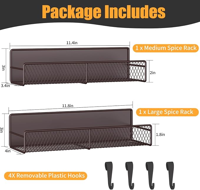 Magnetic Spice Rack for Refrigerator, 2 Pack 100% Metal Strong Magnet Shelf, Space Saving Spice Organizer W/ Hooks, Movable Magnetic Fridge Shelf, Kitchen Home Laundry Room Storage Organization, Brown - Image 2