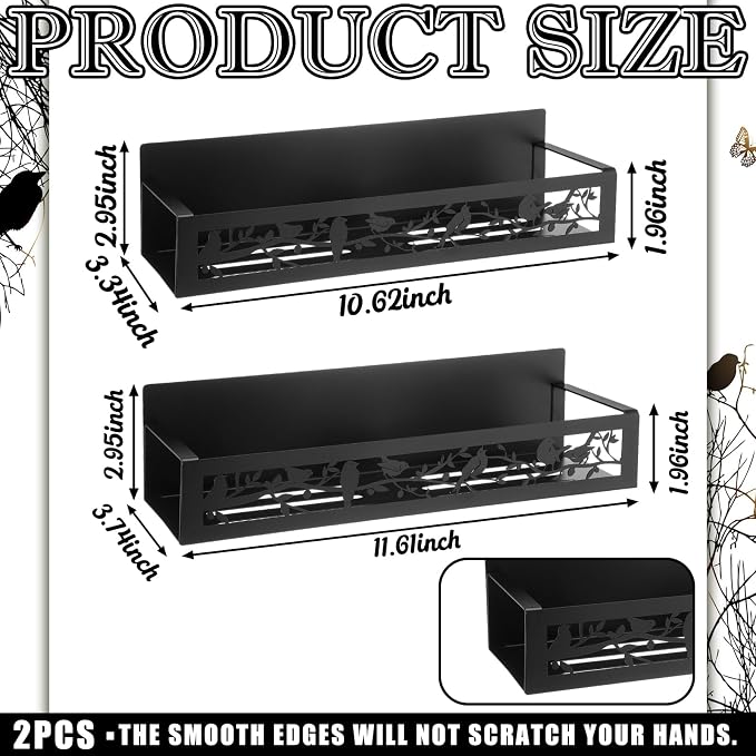 Beeveer 2 Pcs Magnetic Spice Rack for Refrigerator, Black Bird | Farmhouse Boho Rustic Kitchen Decor Accessories, Bird Lovers Gift, 2 Sizes Metal Storage Shelf for Fridge Spices, No Drilling - Image 3