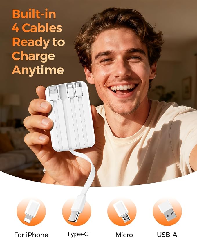 Portable Charger 10000mAh with 4 Built-in Cables 40% Smaller | Power Bank Fast Charging Battery Pack,LED Display Compact with Travel Charger for iPhone Other Devices-White - Image 6