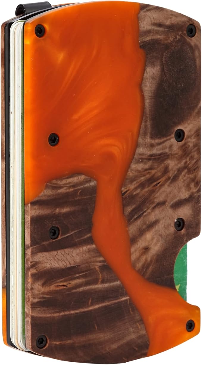 Minimalist Wallet for Men, Slim Metal RFID Blocking Wallet Credit Card Holder Money Clip & Cash Strap, Scratch-Resistant Holds 15 Cards,Ideal Gift for Men | Resin Wood, Unique Pattern,Orange - Image 8