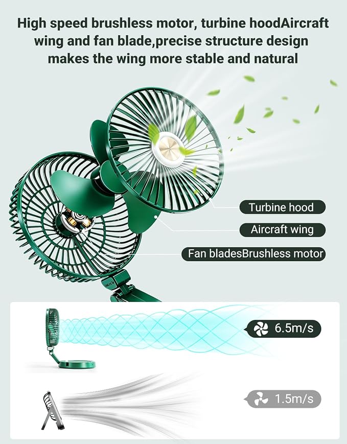 Portable Foldable Oscillating Fan, 6000mAh Battery Powered USB Rechargeable Fan, 16.1 Inches Wireless Desk Fan for Bedroom, Office, Camping and Travel, Green - Image 6