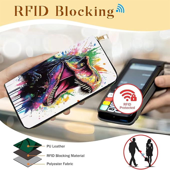 Women's RFID Blocking PU Leather Zip-Around Wallet, Large Capacity Clutch with Phone Holder, Travel Purse & Card Organizer with Removable Wristlet,Watercolor Dinosaur - Image 2