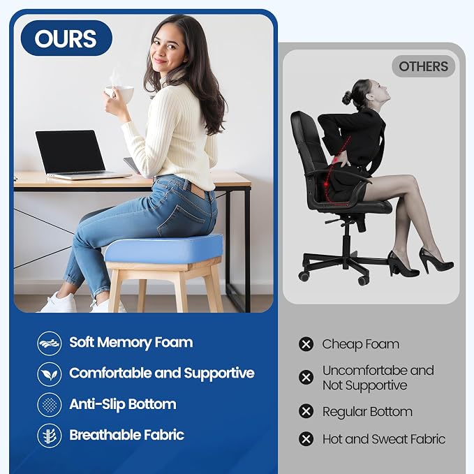 SweetSlubr Seat Cushion, Chair Pad, Memory Foam Tailbone Pain Relief | Office Chair Cushion for Tailbone Pain Relief, Non-Slip Cover, Soft Support for Office Chair, Car Seat,X-Large/Light Blue - Image 7