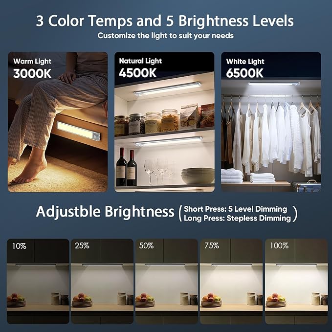 14.7inch Under Cabinet Lighting with 3 Color Temps, 2 Pack Rechargeable Motion Sensor Light Indoor, 5 Levels Dimmable Magnetic Closet Lights, Wireless Under Counter Lights for Kitchen, Stairs - Image 4