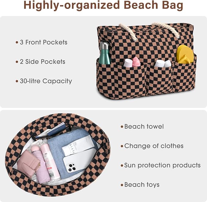 Becokan Beach Bags for Women Canvas Large Beach Tote Bag Zipper Waterproof Sandproof Foldable Swim Pool Bag with 7 Pockets - Image 7