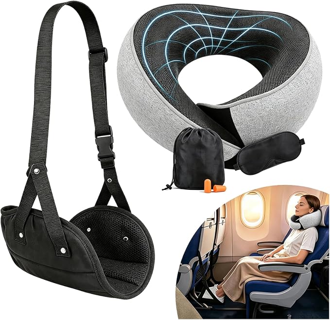 Ergonomic Airplane Pillow and Airplane Foot Hammock, Ultra Portable Neck Pillow with 360° Head Support, Portable Travel Foot Rest with Adjustable Strap, Includes Eye Mask & Ear Plugs, for Flight, Car by PLURECIL