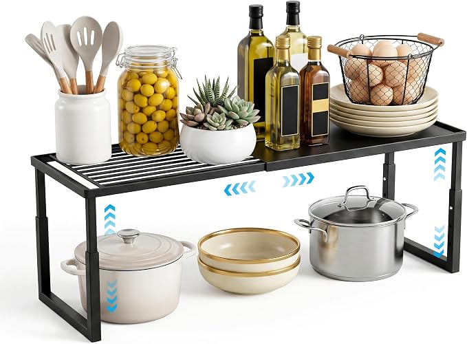 Expandable Cabinet Shelf Organizer, Stackable Countertop Shelves, Black | 15.8''- 25.5'' In Cabinet Shelf, Adjustable Kitchen Cabinet Organizer for Pantry Organizer, CupBoard Organizers and Storage by Unknown