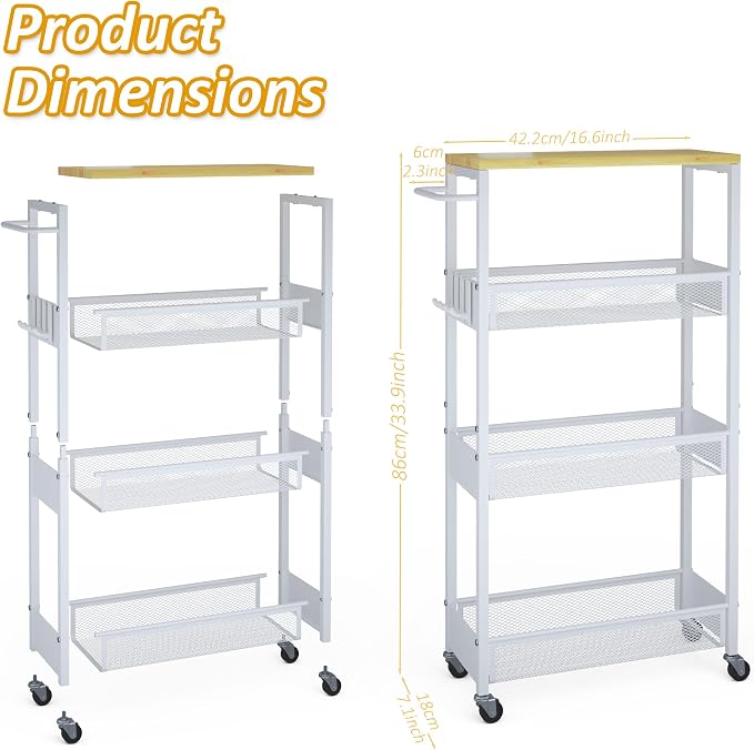 Vincona 7.1" Wide Slim Storage Cart on Wheels, 4 Tier Metal Narrow Rolling Cart with Handle and Wood Top, Multifunctional Small Mobile Shelf Unit Organizer Trolley for Laundry, Bathroom, Kitchen - Image 7