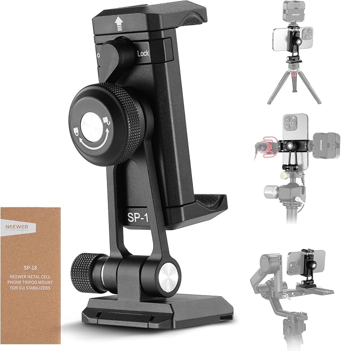 NEEWER Phone Tripod Mount Adapter with Arca Type QR Base, Cold Shoe, SP-18 | 1/4" 3/8" Holes, 360° Swivel, 180° Tilt, Phone Holder Compatible with iPhone Samsung Arca Swiss DJI RS 4 Pro 3 2 Stabilizer by Neewer