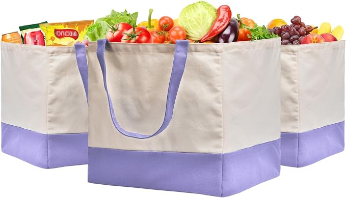 Reusable Grocery Bags Heavy Duty, 8.3 gal Foldable Large Canvas Tote Bag with Handles, Holds 60 lbs Canvas Shopping Bags, 3 Pack（Off White+Light purple） by CNaiyunpin