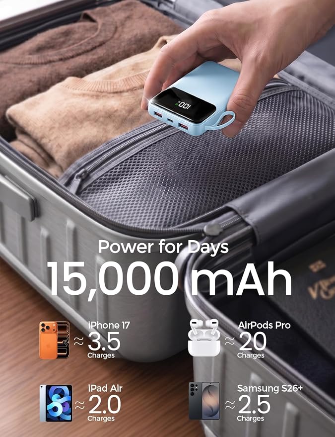 15000mAh Portable Charger Power Bank, Smaller Built-in 4 Cables SkyBlue | 22.5W 50% More Capacity, 45% Smaller, Slim Travel Essential Battery Pack, 30-Min Fast Charge to 50% for iPhone/Samsung - Image 2