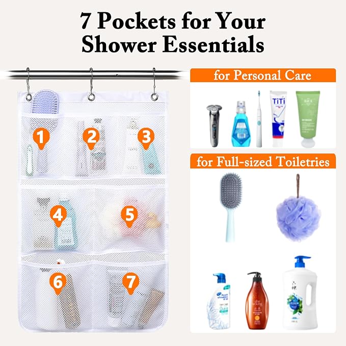 Fammart Mesh Shower Caddy Hanging, Quick-Drying Shower Organizer with 7 Pockets, Portable Bathroom Organizers and Storage for Shampoo, Soap, Loofah, Travel, and Cruise Essentials - Image 2