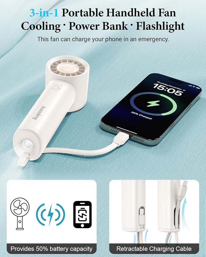 Portable Fan with Power Bank & Flashlight-White | 6.5H Max Cooling,USB-C Rechargeable,Mini Fan for Outdoor/Travel/Beach/Concerts/Summer.Gifts for Girl,Women. - Image 3