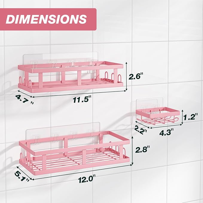 Youvip Shower Caddy, Pink, Adhesive No Drill Bathroom Organizer | Large Capacity, Rustproof Shelves, For Inside Shower, Bathroom Organizers and Storage - Image 2