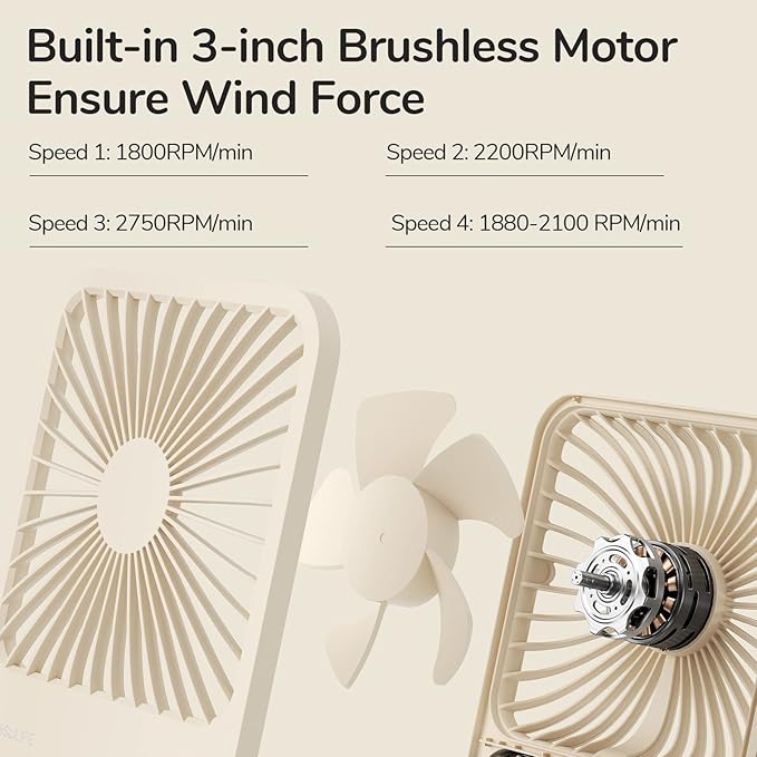 JISULIFE Small Desk Fan, 180° Foldable Portable Fan | Battery Operated, 4 Speeds Adjustable Ultra Quiet for Home Office Travel Outdoor-Brown - Image 5