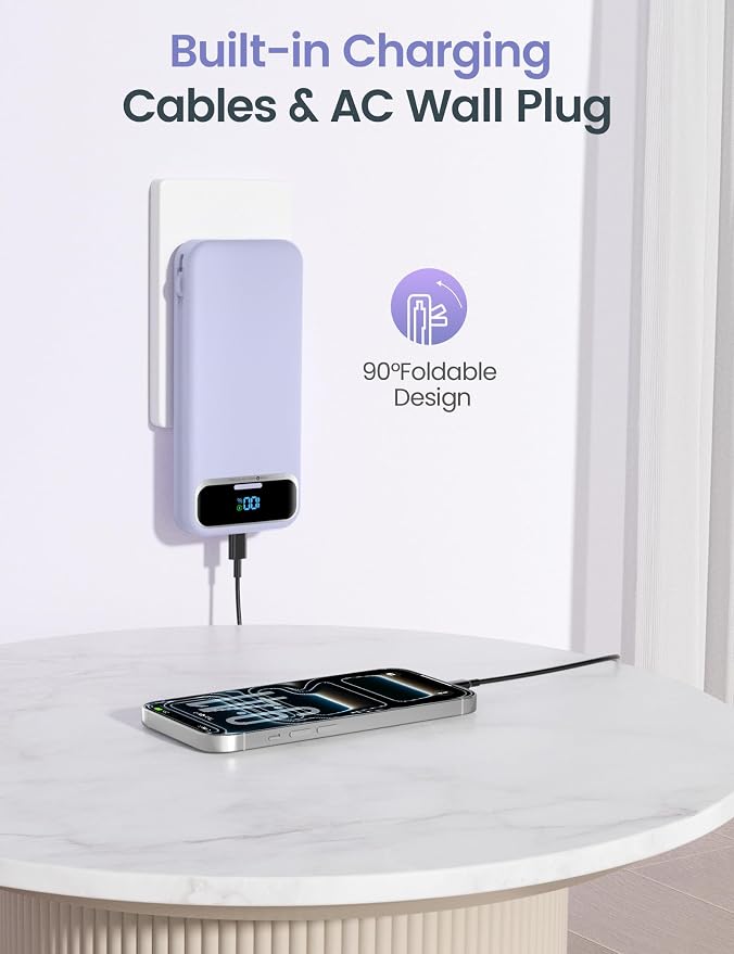 aonidi Portable Charger 12000mAh with Built-in Cables&AC Wall Plug, Purple | PD20W USB C Fast Charging,LED Display External Travel Power Bank,TSA approved Battery Pack for All iPhone,Samsung,Android - Image 4