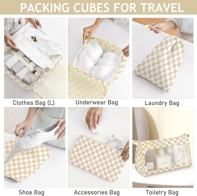 8 Set Packing Cubes for Travel, Luggage Packing Organizers Accessories Large Toiletries Bag for Clothes Shoes Cosmetics (Khaki Checkered) - Image 4