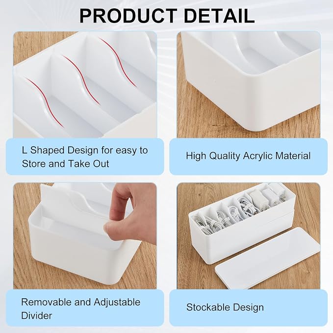 Tatuo 4 Pcs Cord Organizer for Drawer Desktop, Cable Organizer Box with 8 Compartments and Wire Ties, Plastic Charger Storage with Lid, Electronics Case for Home Office Accessories (Small,White) - Image 3