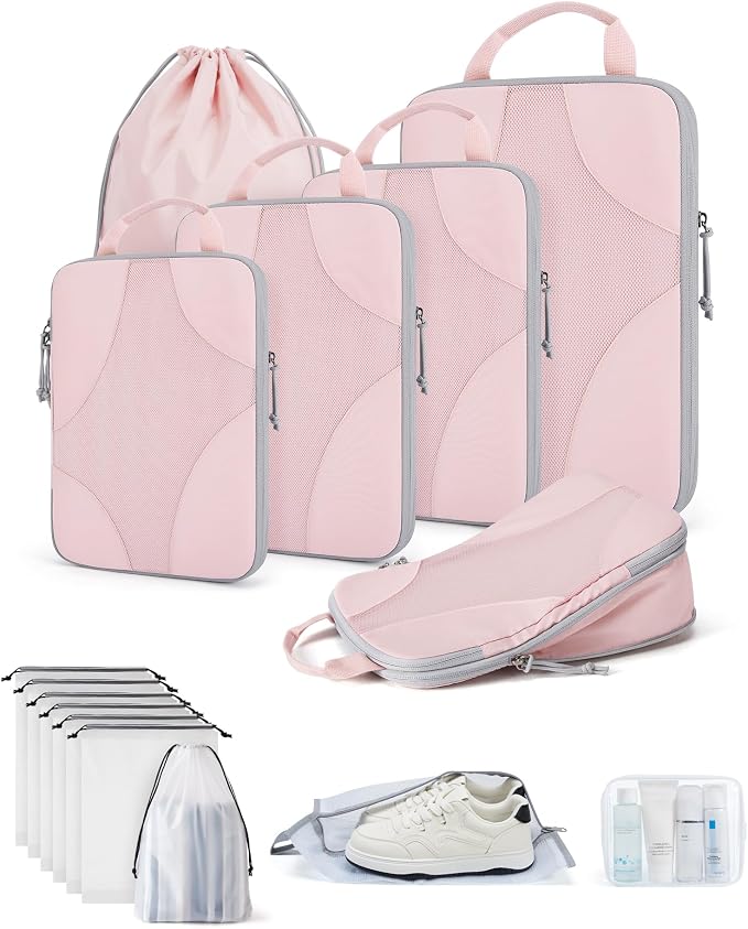 Bagsmart Compression Packing Cubes, Travel Bag Cruise Ship Essentials | Lightweight, Compressible Suitcase Organizer Set fit Standard Carry-On & Checked Luggage, 6 Set, 14 Set Washable Packing Bags by BAGSMART