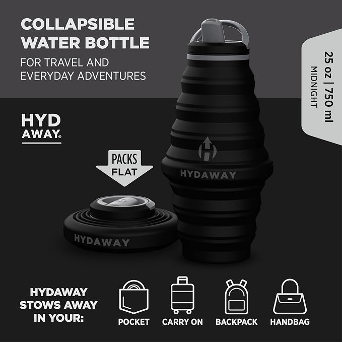 HYDAWAY 25oz Collapsible Water Bottle, Packable Leakproof for Travel | Large capacity design. Folds flat for carry-ons, day bags, hiking packs. Leakproof, BPA-free. - Image 2