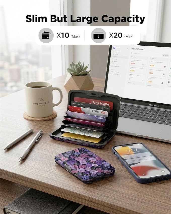 Maicican RFID Blocking Aluminum Credit Card Holder | Slim Metal Wallet for Women & Men, Business Card Case for Travel, Fits Front Pocket, Card holder wallet - Purple flowers - Image 5