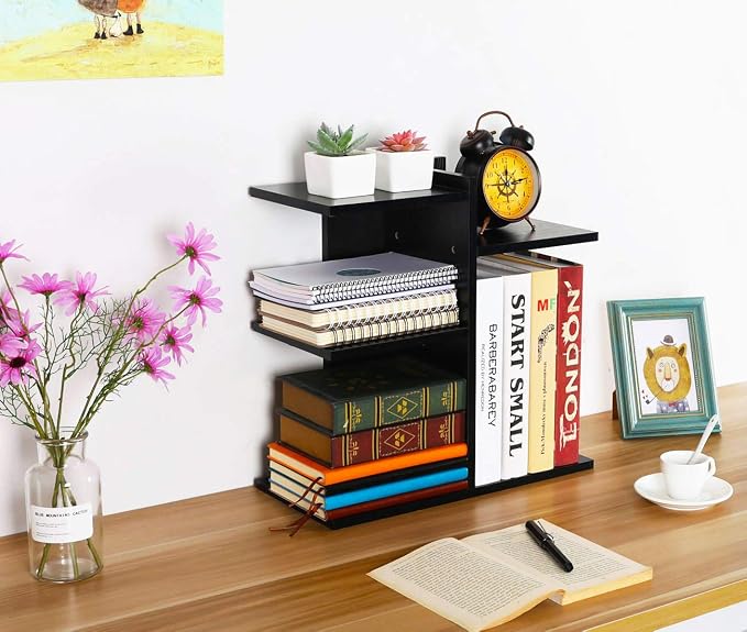 Wood Desktop Shelf Small Bookshelf Desk Supplies Organizers and Accessories Storage Display Rack Office Decor for Women, Black - Image 5