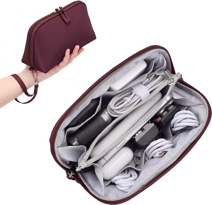 FYY Travel Cable Organizer - 8 Compartments, Lightweight, Water Repellent | With Wrist Strap, Portable Tech Pouch for Cord Charger, Travel and Business Trips Use, Soft Shell Nylon, Wine Red (Medium) by FYY