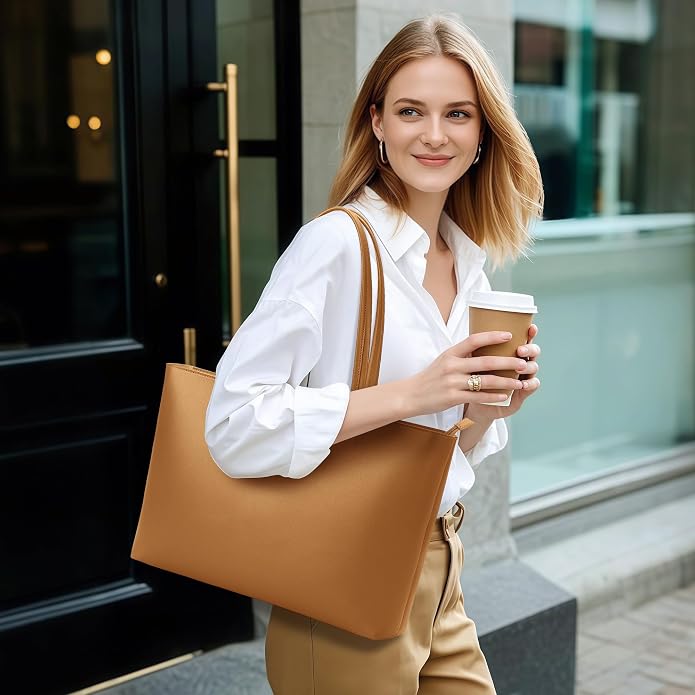 KALIDI Tote Bag Zipper Shoulder Bag Vegan Leather Purses Satchel for Women | Large Casual Handbag for Work Commuting Dating College Everyday - Image 3